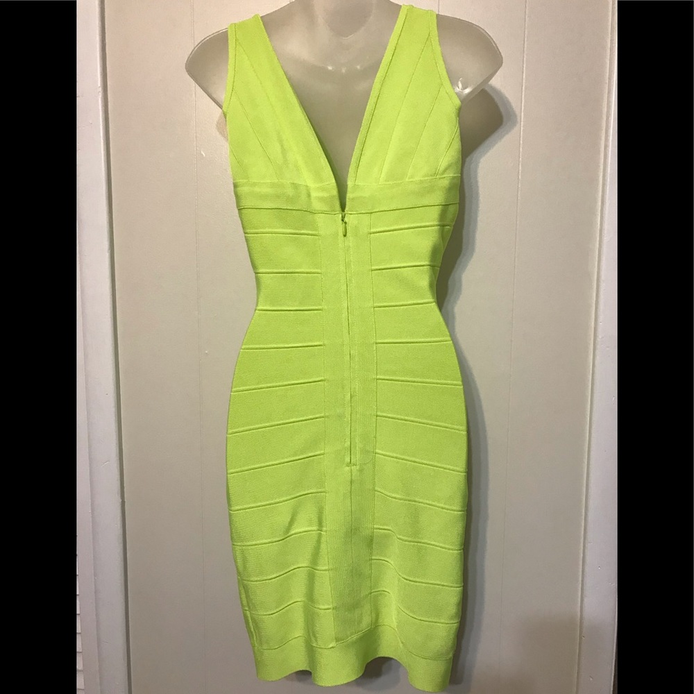 Herve Leger Neon Lime V-Neck Bandage Mini Dress - Picture 3 of 7